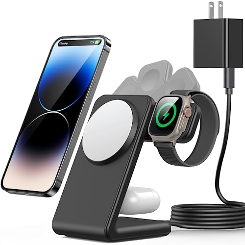 Houflody 3 in 1 Magnetic Wireless Charging Station, Wireless Charger for Mag Safe with PD 20W Adapter Designed for iPhone 16/15/14/13/12 Series, Apple Watch Ultra/SE/10 to 2, AirPods 4/3/2/pro, White