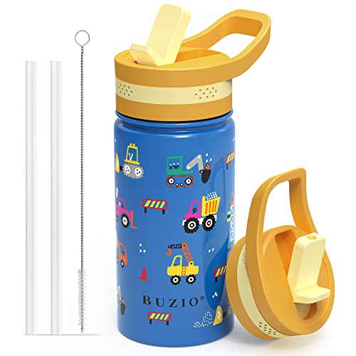 BUZIO Kids Water Bottle with Straw Lid, Modern Vacuum Insulated Hydro Bottle with 2 Straw Lids, 18oz Stainless Steel Wide Mouth Kids Tumbler, Double Wall Leak Proof Toddler Water Bottle for School