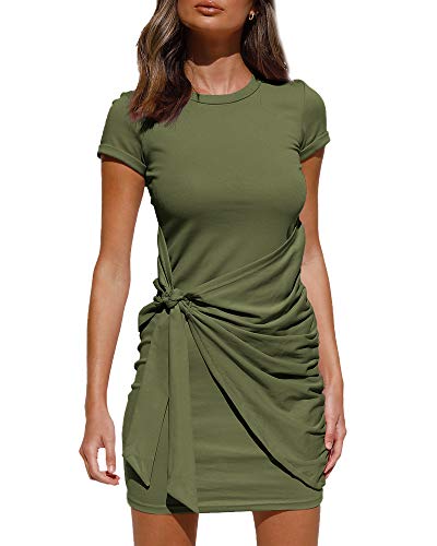 LILLUSORY Women's Casual Short Sleeve Dress T Shirt Bodycon Wrap Ruched Tie Waist Mini Summer Night Out Dress Green S