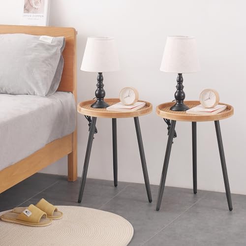 Welnow 2 Pcs Rattan Round Side End Table, Indoor Accent Small Log Desktop Night Stand with Wooden Tray and Metal Stand for Living Room, Bedroom, Office, Small Spaces