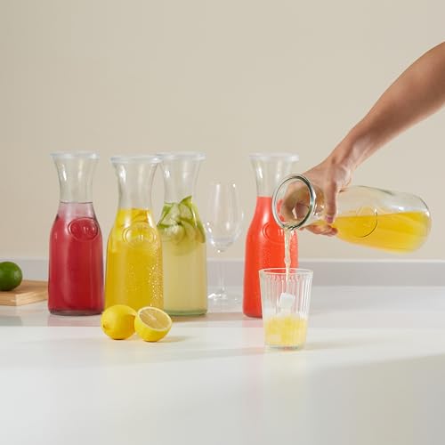 KooK Glass Carafe, Mimosa Bar Supplies, Carafe Pitchers with Lid, Set of 3, Glass Water Pitcher, Drink Dispensers for Parties, Tea, Wine, and Juice, Plastic Lids, Dishwasher Safe, 35 oz