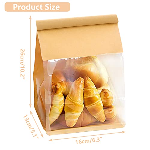 GOULIKFUL Heavy Duty 50PCS Kraft Paper Bread Bags with Tin Tie Tab Lock, Loaf Bag with Clear Front Window, Storage Packaging Treat Bag for Bakery Cafe Homemade Bread 10.2”× 5.1”× 6.3”