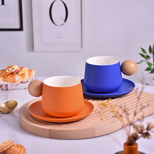 Koythin Ceramic Coffee Mug with Saucer Set, Cute Creative Cup with Round Wooden Handle Design for Office and Home, 10 oz/300 ml for Latte Tea Milk (Bright Blue)