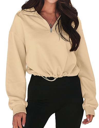 MEROKEETY Women's Quarter Zip Crop Sweatshirt Long Sleeve Stand Collar Drawstring Casual Pullover Top,Apricot,S