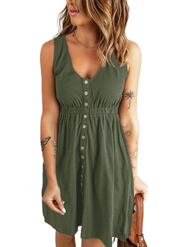 Summer Dresses for Women Sleeveless Casual Sundresses Floral Sun Dress with Pockets Blue Green Leaf M