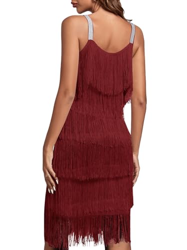 Umenlele Women’s 1920s Flpper Dress Gatsby Sleeveless All Over Tassel Tiered Fringe Cocktail Party Dress Wine Red# Small