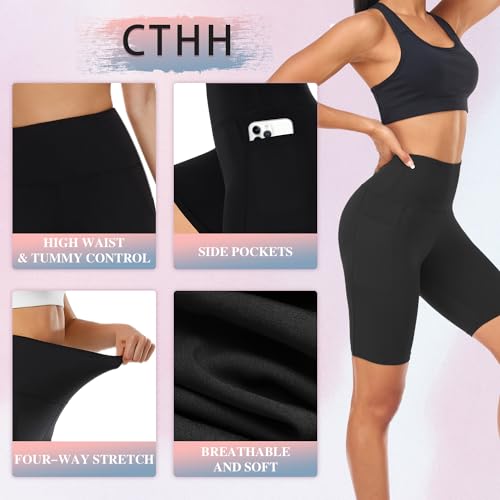 CTHH 3 Pack Workout Biker Shorts with Pockets for Women-8" High Waist Tummy Control Spandex Athletic Yoga Bike Shorts