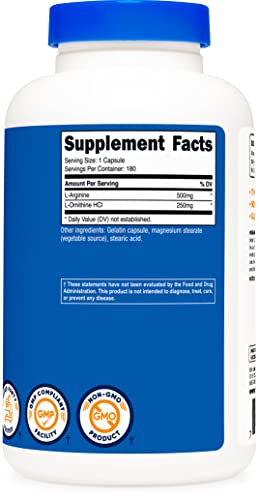 Nutricost L-Arginine L-Ornithine 750mg; 180 Capsules (2 Bottles)