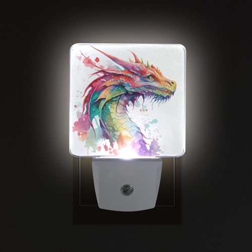 BOENLE Watercolor Dragon Night Lights 2 Pack Plug-in Wall Led Nightlight Auto Dusk-to-Dawn Sensor Lamps for Bedroom Kitchen Bathroom Hallway Stairs