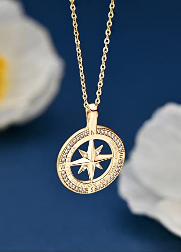 Compass Necklace for Women, 925 Sterling Silver with 18K White Gold/ Gold Plating Compass Pendant Jewelry Cubic Zirconia Unisex College for Masters Degree Graduation Birthday Christmas Ideas Gift