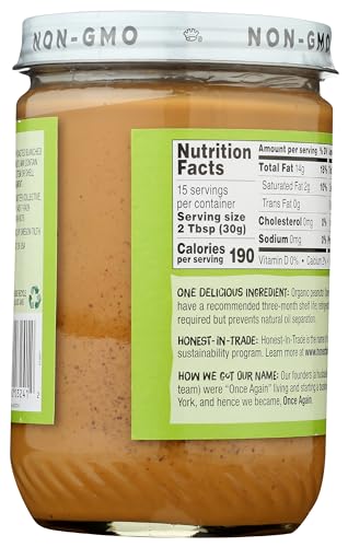 Once Again Organic Creamy Peanut Butter, 16oz - Salt Free, Unsweetened - USDA Organic, Gluten Free Certified, Vegan, Kosher - Glass Jar