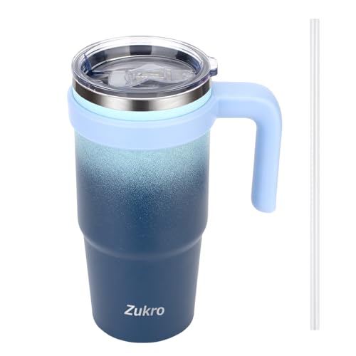 Zukro 24 oz Triple Insulated Tumbler with Handle - Leak Proof Stainless Steel Cup with Straw & Lid - No Sweat Double-wall Travel Mug for Hot and Cold Drinks - Dishwasher Safe, Cupholder Friendly