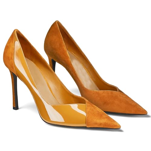 Coutgo Womens Pointed Toe High Heels Pumps Patent Suede Stiletto Heel Slip on Office Party Wedding Dress Shoes Coffee