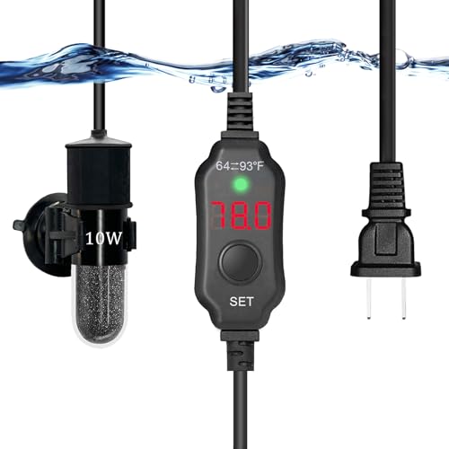 YukiHalu Super Mini Aquarium Heater, 10W 20W 30W Adjustable Fish Tank Heater with External Controller, Overheating Protection, LED Display, Used for 0.5-5 Gallons(10 watts)