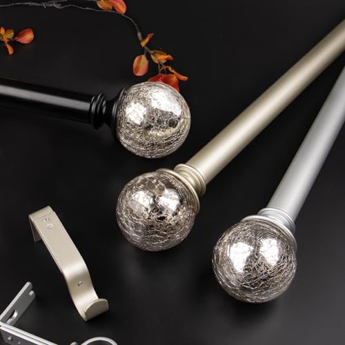 KAMANINA 1 Inch Curtain Rod 32 to 58 Inches (2.6-4.8ft), Black Curtain Rods for Windows, Single Drapery Rods with Crackle Glass Finials