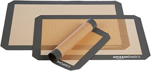 Amazon Basics Rectangular Silicone, Non-Stick, Food Safe Baking Mat, Pack of 3, Beige/Gray, 16.5" x 11.6"