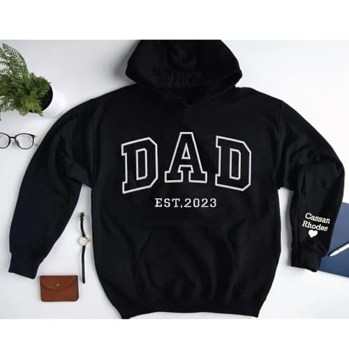 GODMERCH Personalized Embroidered Dad Est 2023 Hoodie, Custom Dad Embroidered Shirt, Customized Dad Est with Kid Names on Sleeve, Custom Embroidered Hoodie, Dad