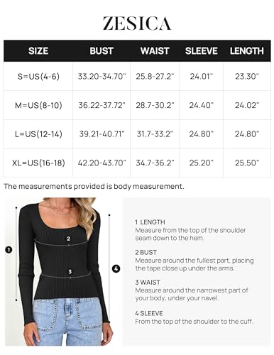 ZESICA Women's 2024 Long Sleeve Square Neck T Shirts Slim Fitted Elegant Fall Ribbed Knit Casual Tee Tops,Sky,X-Large
