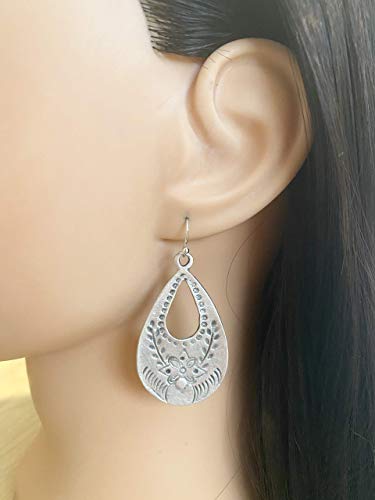 Antique Silver Floral Stamp Teardrop on Sterling Silver Earrings Boho Women Handmade Sundance Dreams Designs