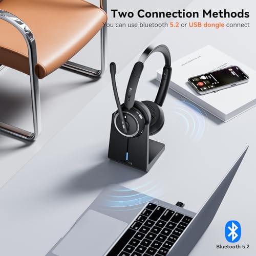 LEVN [2024 Version] Wireless Headset with Mic for Work, Bluetooth Headset with Microphone (AI Noise Cancelling), Wireless Headset for Work from Home/Office/Call Center/PC/Computer/Laptop/Teams/Zoom