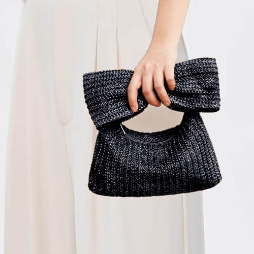 YYW Women Straw Clutch Purse Woven Bowknot Envelope Handbag Wedding Clutch Bag for Vocation Party (Black)