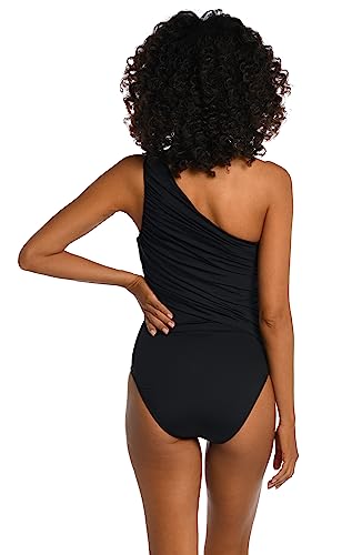 La Blanca Women's Island Goddess Shirred One Shoulder One Piece Swimsuit, Black, 4
