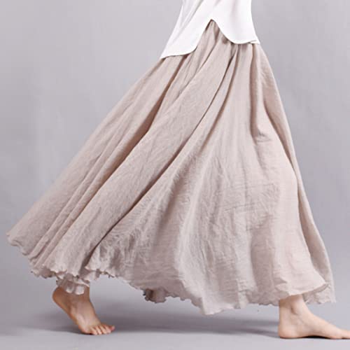 ASHER FASHION Women's Bohemian Style Elastic Waist Band Cotton Linen Long Maxi Skirt Dress (95CM, White)