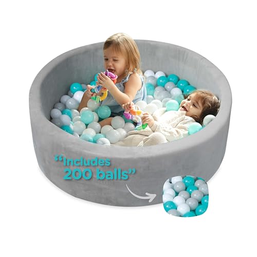 Nuby Velvet Ball Pit, Soft Play Foam Ball Pits for Baby and Toddlers with 200 Colored Balls Included, Ball Pit Playpen, Indoor Play Gym, Outdoor Play Ball Pit for Babies, Bounce Ball Game Aqua & Gray