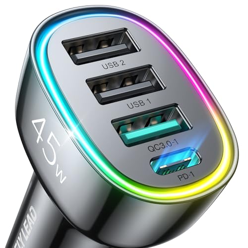 USB C Car Charger, 45W 4 Ports Super Fast Car Charger Adapter, PD3.0 & QC3.0 30W Type C Car Charger Compatible with iPhone 15/14/13/12/11, Samsung Galaxy S24 Ultra/S23, Cigarette Lighter USB Charger