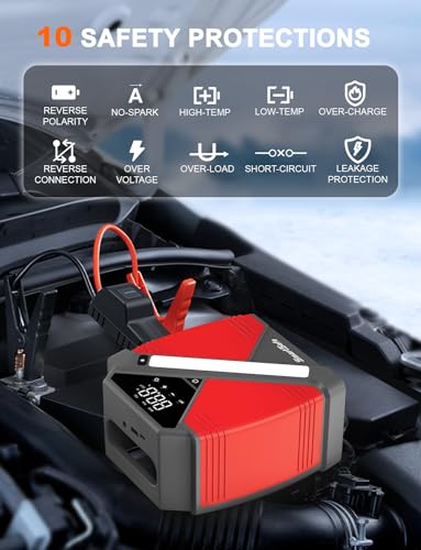 4000A Portable Car Jump Starter with Air Compressor 24000mAh Car Battery Charger 150PSI Tire Inflator with Large Digital Screen, LED Light, QC3.0 Fast Charging Red