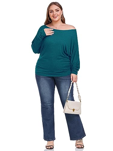 Poetsky Womens Casual Long Sleeve Boat Neck T Shirts Blouses Loose Solid Color Tunic Tops Dark Blue M