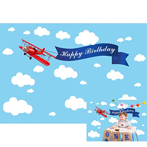 Baocicco 5x3ft Happy Birthday Red Plane Backdrop Cartoon Plan Blue Sky White Cloud Happy Birthday Photography Background Birthday Party Backdrop Boy Girl Photo Portraits Studio Video Props Booth