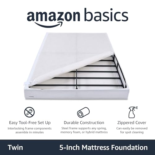 Amazon Basics Smart Box Spring Bed Base, 5 Inch Mattress Foundation, Tool-Free Easy Assembly, Twin, 74"L x 38"W x 5"H, White
