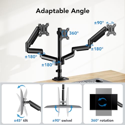 HUANUO Triple Monitor Mount for 13-27 inch Computer Screens, Triple Monitor Stand with Gas Springcore Arm Holds 17.6lbs, 3 Monitor Stand Desk Mount with Tilt, Swivel, Rotation, VESA 75x75, 100x100mm