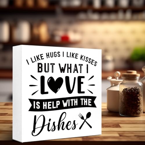 Funny Kitchen Wood Block Signs,I Like Hugs I Like Kissesx Wooden Box Sign for Kitchen Shelf Home Tabletop Desk Decor,Rustic Kitchen Sign Decor