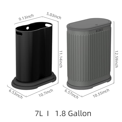 KSSKSS 1.8 Gallons Small Stainless Steel Trash Can with Press Type Lid, Slim Bathroom Garbage Bin, Removable Liner Bucket, Dog Proof Narrow Wastebasket with Pop-Up Lid for Bedroom,Toilet (Gray)