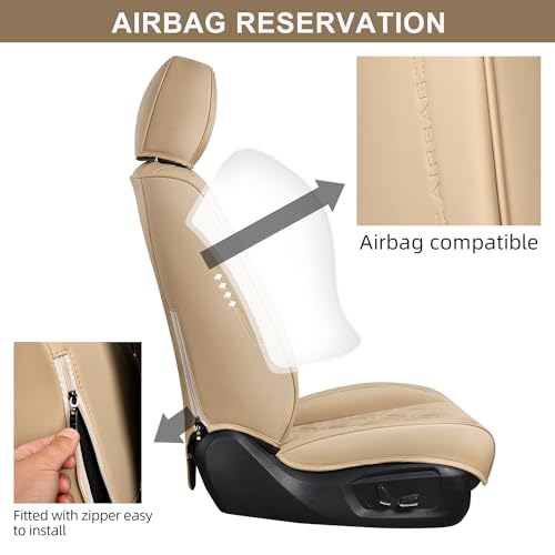 TINRAIYANG Car Seat Covers Front Pair, Breathable Leather Automotive Front Seat Covers with Headrest, Universal Automotive Vehicle Seat Cover for Most Sedan SUV Pick-up Trucks, Beige