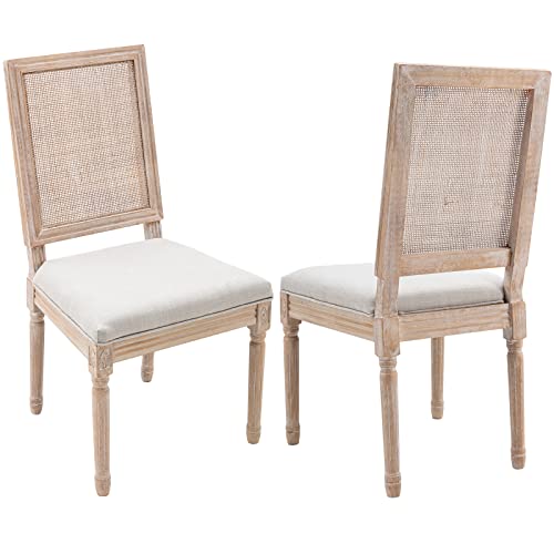 Guyou Black Farmhouse Dining Chairs Set of 6, Upholstered Dining Room Chairs with Rectangular Rattan Back French Country Accent Chair with Distressed Wood Frame for Kitchen Living Room (Beige)