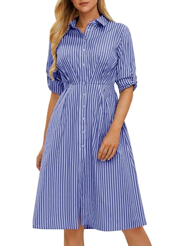 EXLURA Women's Long Sleeve Striped Button Down Shirt Dress with Pockets 2024 Fall Midi Dresses Business Casual Outfit