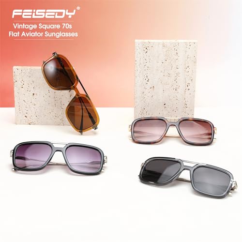 FEISEDY Vintage Square Flat Aviator Sunglasses Women Men 70s Classic Retro Stylish Frame UV400 Sunglasses B0115