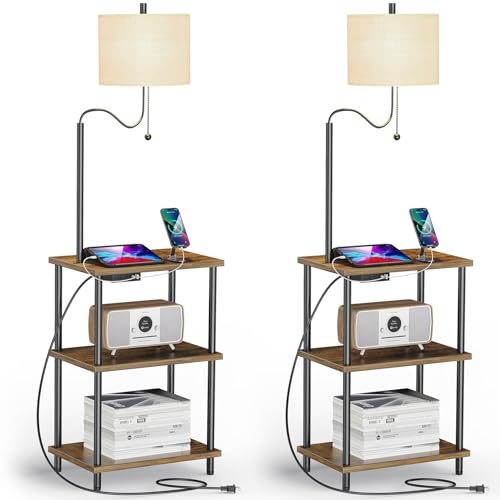 WEITERS Set of 2 Floor Lamp with Table, End Table with USB Charging Port Type-C, Power Outlet, Bedside Nightstand Shelves, Side Table with Reading Standing Light for Living Room Bedroom(Brown)
