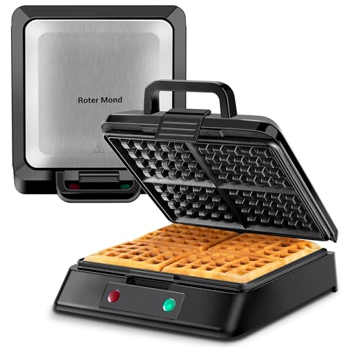 Waffle Maker, Roter Mond Belgian Waffle Maker, 4 Slice Square Stainless Steel Waffle Maker, Non-Stick Surface for Easy Cleaning for Family Use Breakfast, Save Space for Storage,1300W, Black