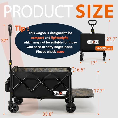 OVERMONT Collapsible Foldable Wagon Cart - 220lbs Extended Heavy Duty Folding Utility Wagons with Wheels - 100L Lightweight Garden Grocery Cart for Shopping, Grocery,Sports,Garden