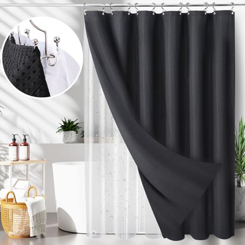 LaCyan 3 in 1 Waterproof Waffle Weave Shower Curtain and Clear Liner Set with 12 Stainless Steel Hooks Double Sided for Bathroom 72 Inches Heavy Duty Polyester Fabric Shower Curtains 72x72