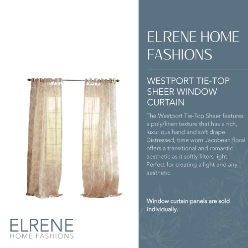 Elrene Home Fashions Westport Floral Tie-Top Sheer Window Curtain Panel, 52" x 84" (1), Flax