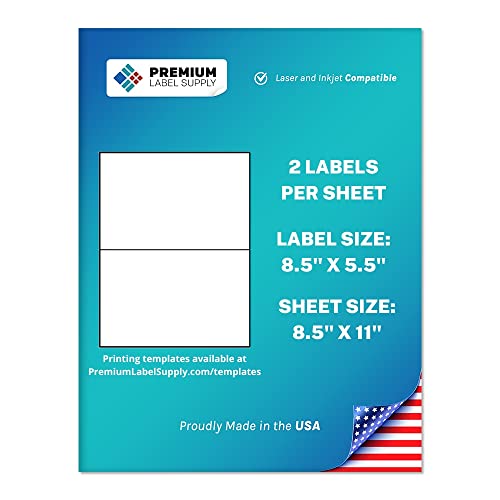Premium Label Supply White Sticker Half Sheet Labels – 8.5" x 5.5" – Laser/Inkjet Compatible – (2 per Sheet), 25 Sheets - 50 Total Adhesive Labels