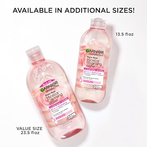 Garnier Micellar Water with Rose Water and Glycerin, Hydrating Facial Cleanser & Makeup Remover, For All Skin Types, Vegan, Cruelty Free, 13.5 Fl Oz (400mL), 1 Count