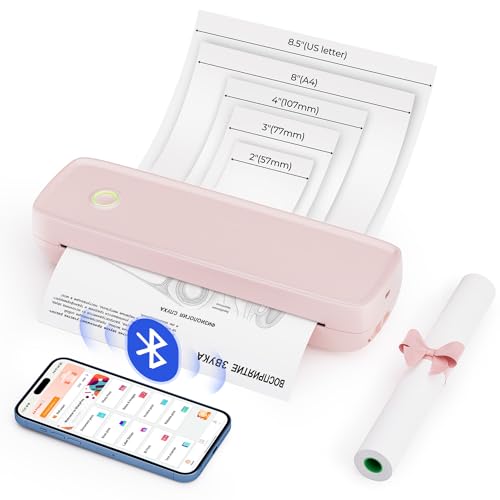 MUNBYN Portable Printer Wireless for Travel ITP04, Thermal Bluetooth Printer, Support 8.5x11&A4 Thermal Paper, Inkless Printer, Compatible with Android and iOS Phone & Laptop, Small Printer (Pink)