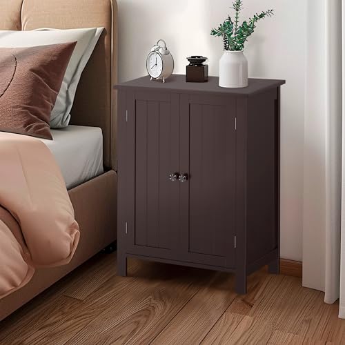 ZENY Bathroom Floor Storage Cabinet with Double Door + Adjustable Shelf, Wooden Organizer Cabinet for Living Room, Bathroom, Bedroom, Modern Home Furniture (Brown)
