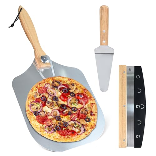 Splotiva Pizza Peel, Aluminum Pizza Spatula,12 inch Metal Pizza Paddle(12"x 14") with Foldable Wood Handle, Rocker Cutter, Pizza Shovel, for Family Pizza Oven Baking Pizza, Dough, Bread & Pastry